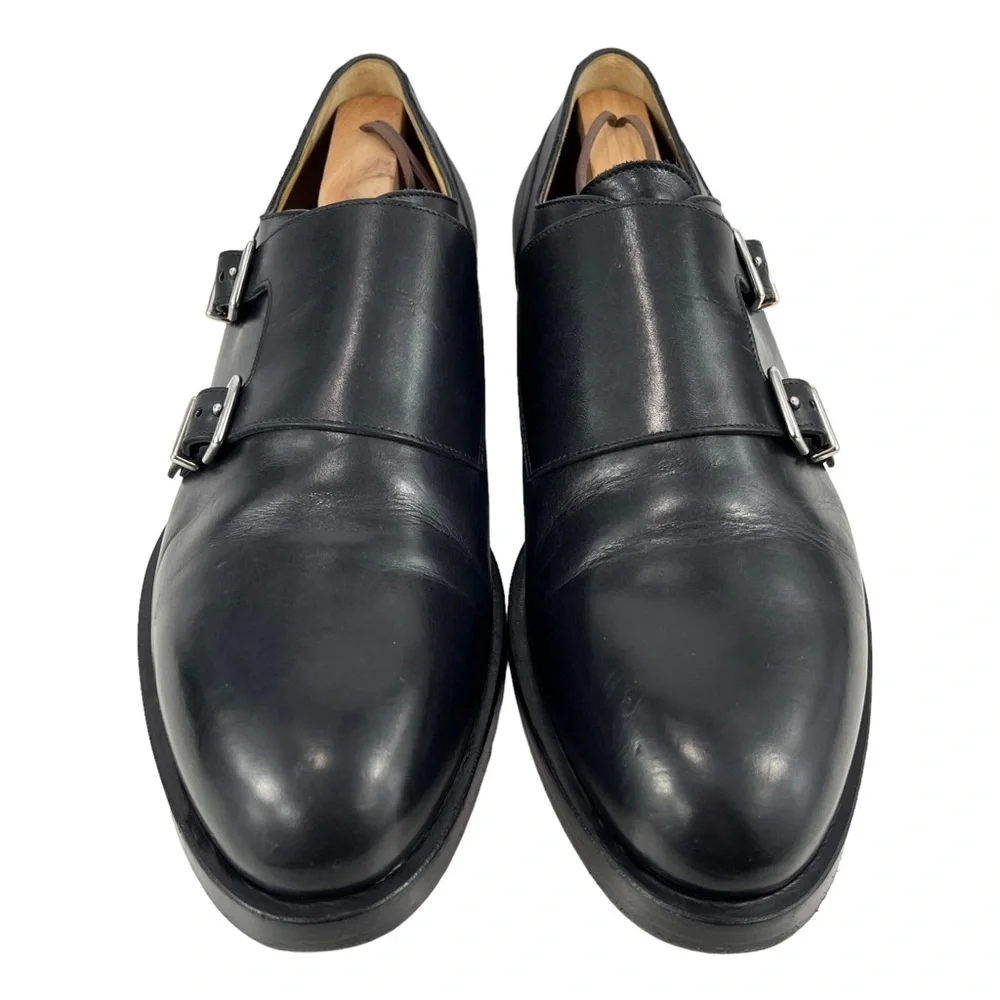 Hermès Men’s 42 Double Monk Strap Black Calfskin Dress Shoes Silver‎ Buckles